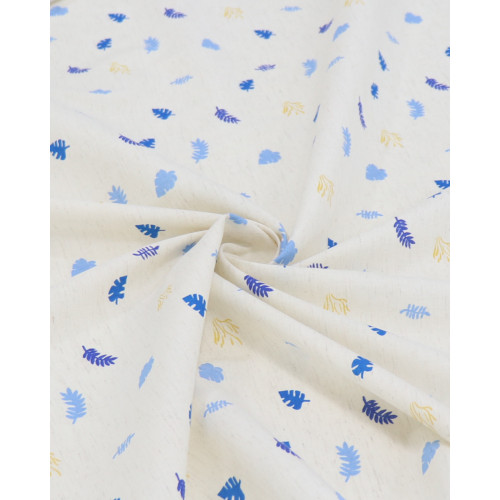 Tecido Linho Camisaria Micro Folhagens Amarelo, Tons de Azul e Cru