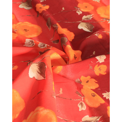 Tecido Crepe Chiffon Italiano Barrado Vertical e Flores Laranja e Tons Quentes