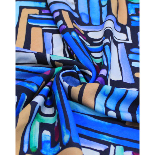 Tecido Viscose Italiano Riscos Colorido e Tons de Azul