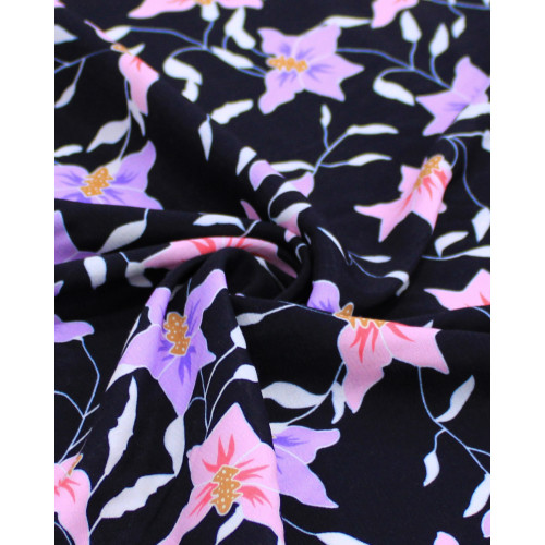Tecido Crepe de Viscose Flores Rosa, Roxo e Preto