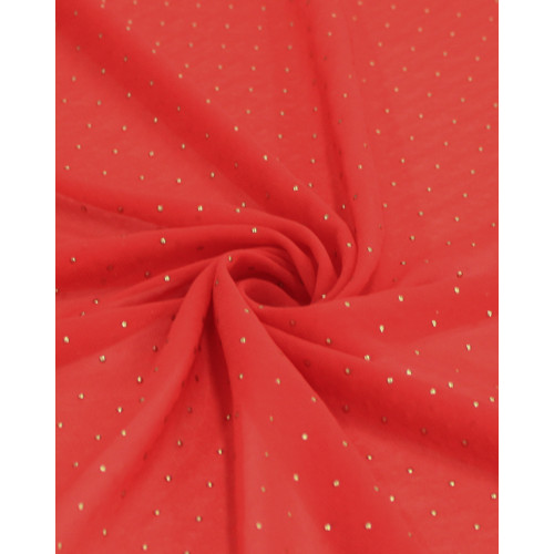 Tecido Crepe Chiffon Micro Poá Metalizado Dourado e Vermelho