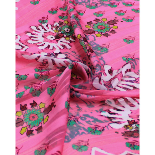 Tecido Crepe Chiffon Brocado Ramos e Flores Colorido e Tons de Rosa