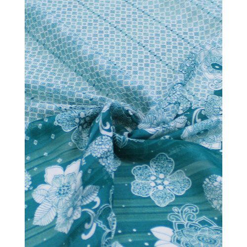 Tecido Crepe Chiffon Brocado Barrado Duplo Floral e Geométrico Branco e Verde Tiffany