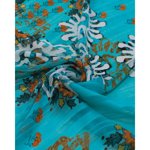 Tecido Crepe Chiffon Brocado Ramos e Flores Colorido e Verde Tiffany