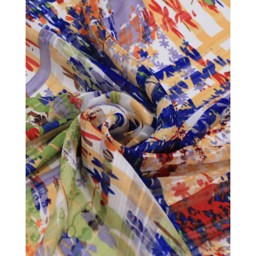 Tecido Crepe Chiffon Brocado Quadriculado e Pinturas Abstratas Colorido