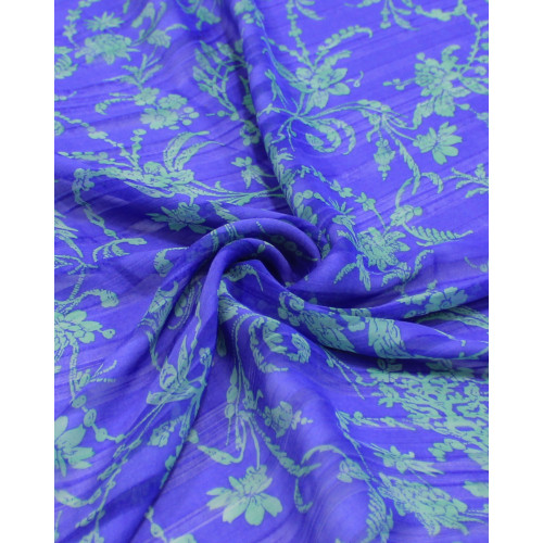 Tecido Crepe Chiffon Brocado Ramos Verde Tiffany e Azul