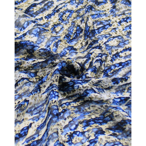 Tecido Crepe Chiffon Brocado Animal Print Abstrato Tons de Azul e Bege