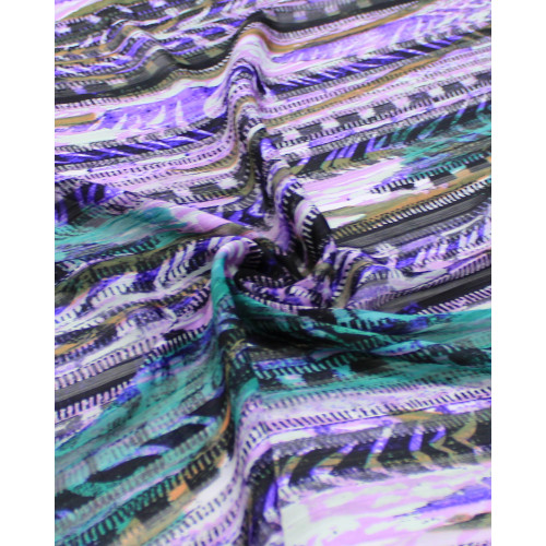 Tecido Crepe Chiffon Brocado Listras Abstratas Verde e Roxo
