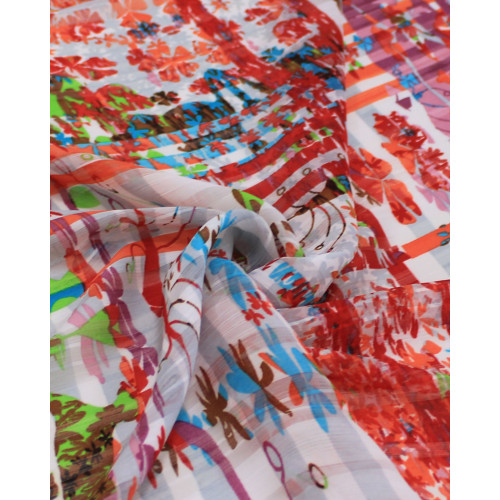 Tecido Crepe Chiffon Brocado Quadriculado e Pinturas Abstratas Tons Quentes