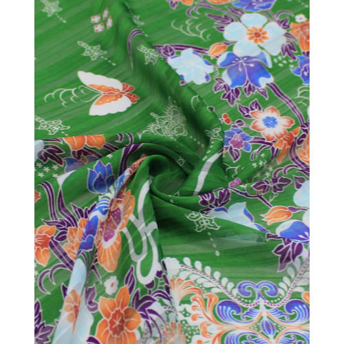 Tecido Crepe Chiffon Brocado Barrado Floral e Arabescos Colorido e Verde