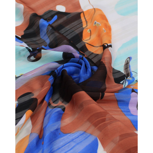 Tecido Crepe Chiffon Brocado Formas Abstratas Tons Terrosos