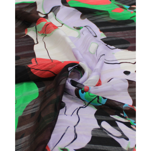 Tecido Crepe Chiffon Brocado Formas Abstratas Colorido e Branco