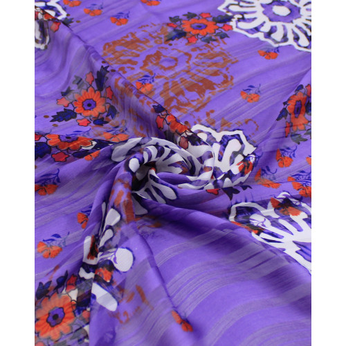 Tecido Crepe Chiffon Brocado Ramos e Flores Colorido e Roxo