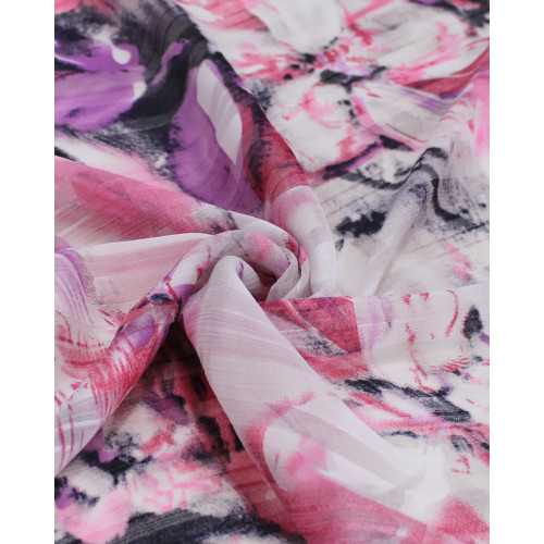 Tecido Crepe Chiffon Brocado Flores e Artes Abstratas Tons de Rosa e Branco