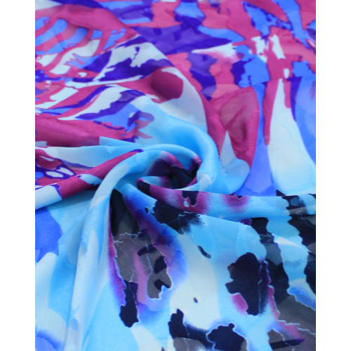 Tecido Crepe Chiffon Brocado Pintura Abstrata Roxo e Tons de Azul