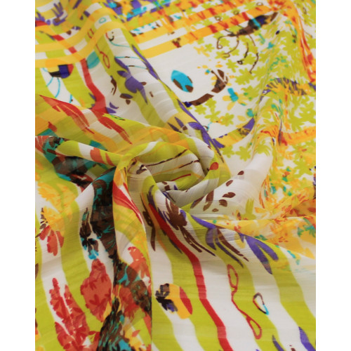 Tecido Crepe Chiffon Brocado Quadriculado e Pinturas Abstratas Colorido e Amarelo