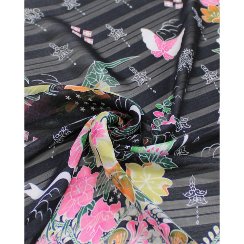 Tecido Crepe Chiffon Brocado Brrado Floral e Arabescos Colorido, Branco e Preto