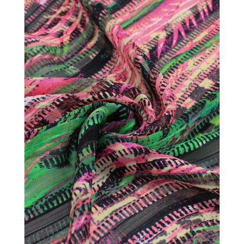 Tecido Crepe Chiffon Brocado Listras Abstratas Verde e Tons de Rosa