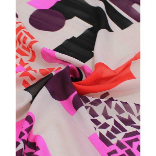 Tecido Crepe Chiffon Formas Geométricas Roxo, Rosa, Vermelho e Branco
