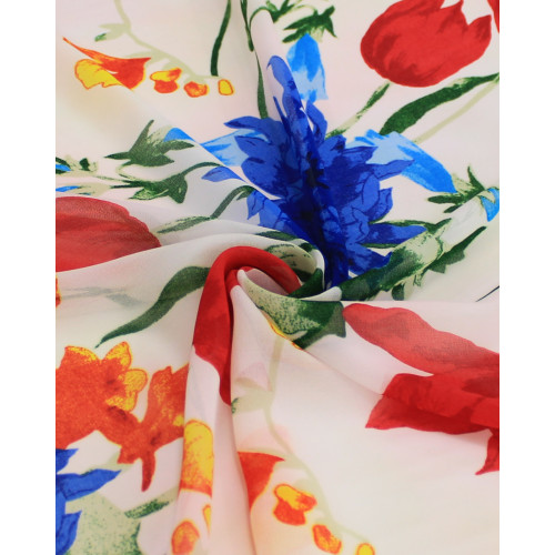 Tecido Crepe Chiffon Italiano Macro Flores Coloridas e Offwhite