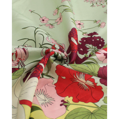 Tecido Linho Puro Italiano Barrado Duplo Floral Colorido, Amarelo e Pistache