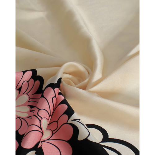 Tecido Crepe Silk Italiano Barrado Vertical Abstrato Rosa, Preto e Creme