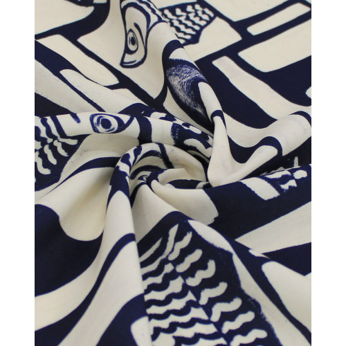 Tecido Viscose Premium Sardine Geométrico Irregular Azul Marinho Noite e Offwhite