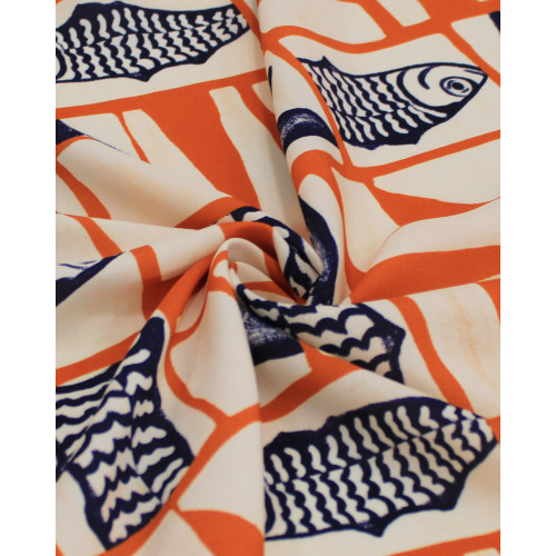 Tecido Viscose Premium Sardine Geométrico Irregular Azul Marinho, Ferrugem e Offwhite