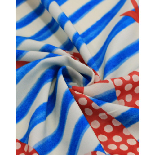 Tecido Viscose Premium Sardine Estampada Vertical e Listras Azul, Vermelho e Offwhite
