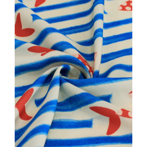 Tecido Viscose Premium Sardine Estampada Horizontal e Listras Vermelo, Azul e Offwhite