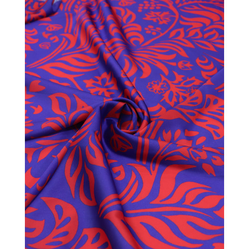 Tecido Crepe Silk Macro Folhagens Vermelho e Azul Royal (1m)