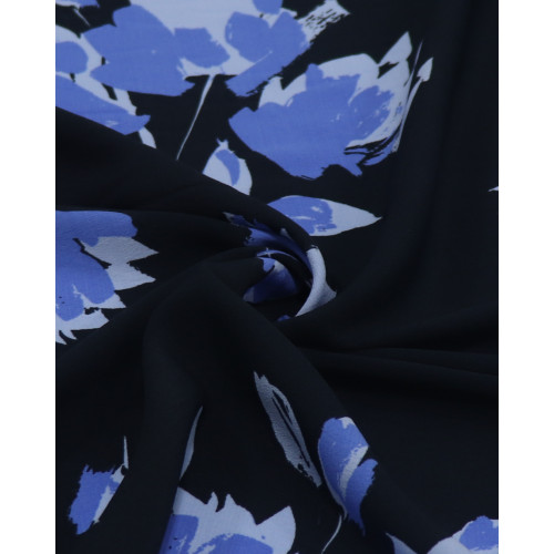 Tecido Crepe de Viscose Italiano Folhagens Abstratas Tons de Azul e Preto