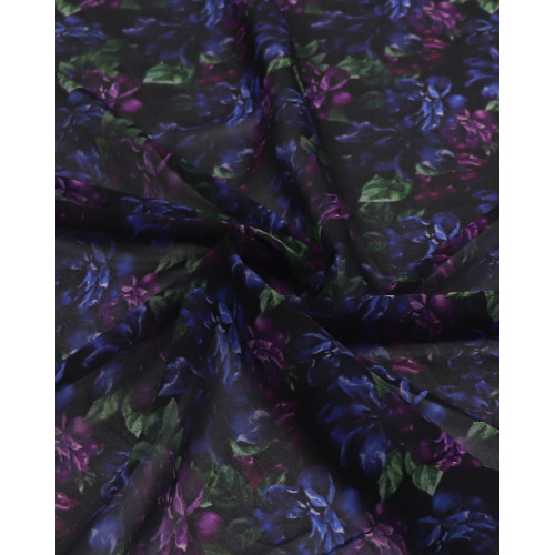 Tecido Crepe Chiffon Italiano Tapete Floral Roxo, Azul e Preto