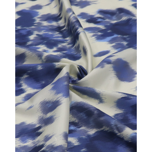 Tecido Crepe Silk Italiano Flores Abstratas Tons de Azul e Creme