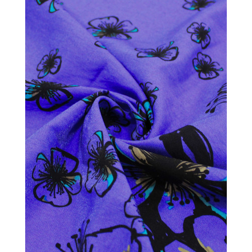 Tecido Viscose Mista com Poliamida Grosso Barrado Floral Bege, Preto e Azul