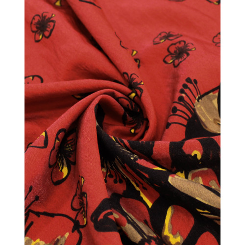 Tecido Viscose Mista com Poliamida Barrado Floral Preto, Amarelo e Vermelho