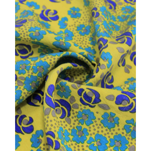 Tecido Viscose Mista com Poliamida Micro Tapete Floral Verde Água, Violeta e Amarelo