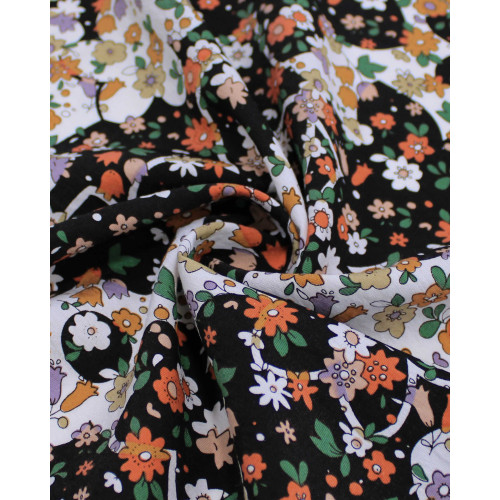 Tecido Viscose Mista com Poliamida Grosso Tapete Floral Tons Quentes, Preto e Branco