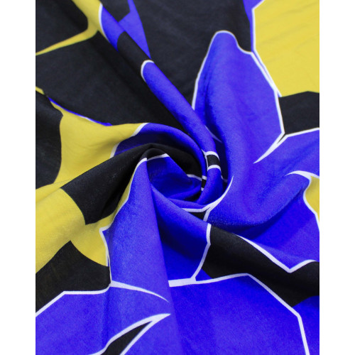 Tecido Viscose Mista com Poliamida Tapete Floral Abstrato Preto, Amarelo e Azul