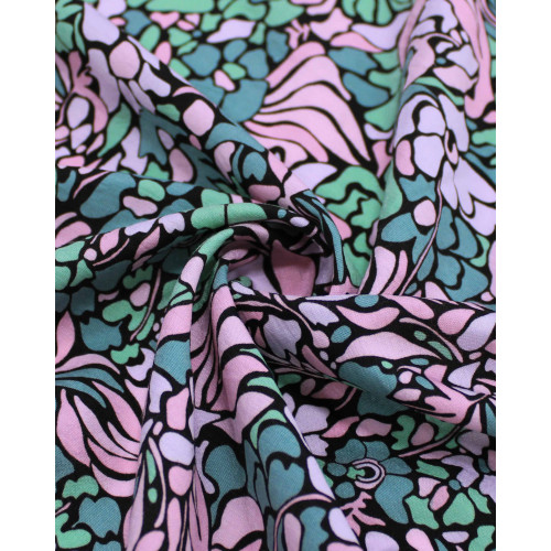Tecido Viscose Mista com Poliamida Grosso Campo Floral Abstrato Tons de Rosa e Tons de Verde
