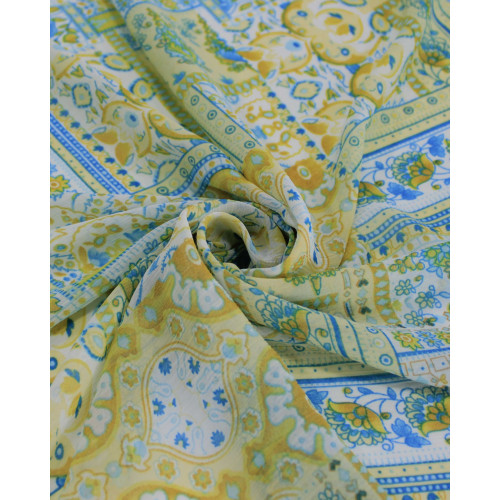 Tecido Crepe Chiffon Texturizado Muli Estampas Azul e Tons de Amarelo