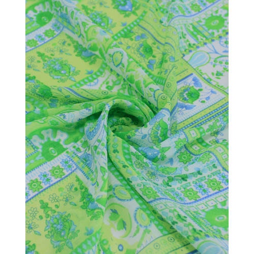 Tecido Crepe Chiffon Texturizado Multi Estampas Azul e Tons de Verde