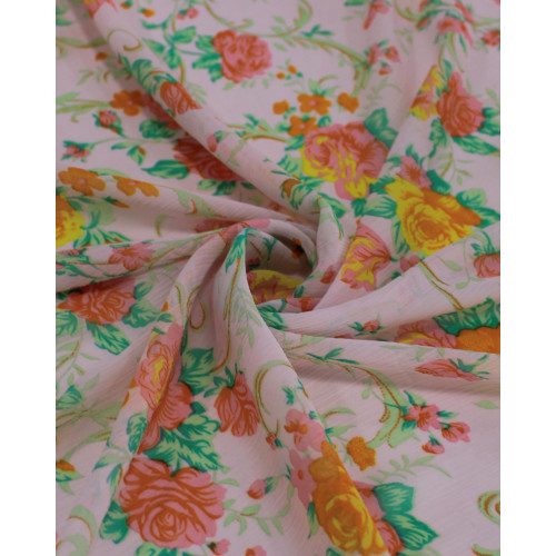 Tecido Crepe Chiffon Texturizado Campo Floral Verde, Laranja e Tons de Rosa
