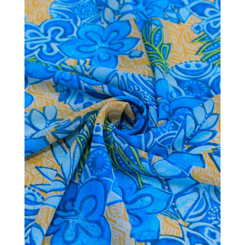 Tecido Crepe Chiffon Ramos e Flores Verde, Tons de Azul e Amarelo