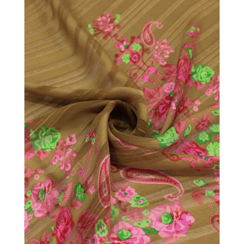 Tecido Crepe Chiffon Brocado Barrado Duplo Cashmere Floral Verde, Rosa e Capuccino