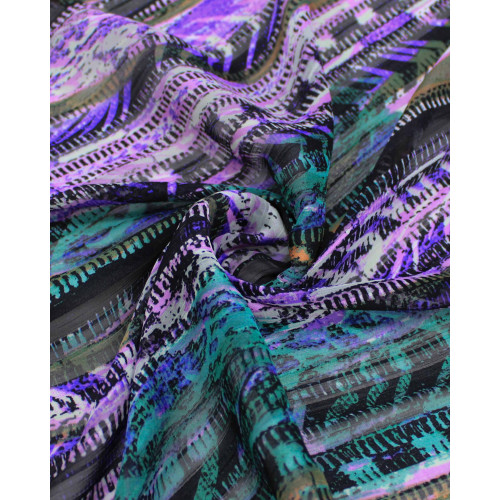 Tecido Crepe Chiffon Brocado Listras Branco, Verde e Tons de Verde