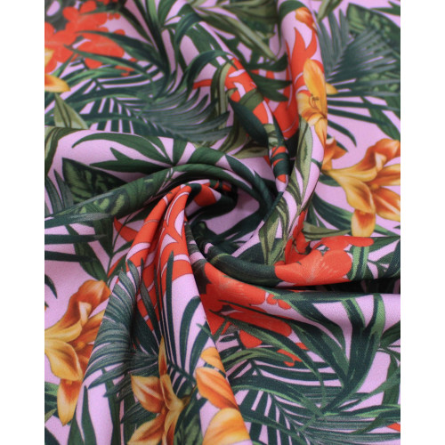 Tecido Micro Fibra Alfaiataria Folhagens e Flores Colorido e Lilás