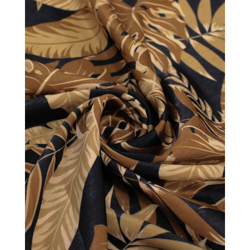 Tecido Crepe Silk Italiano Multi Folhagens Tons de Marrom e Preto