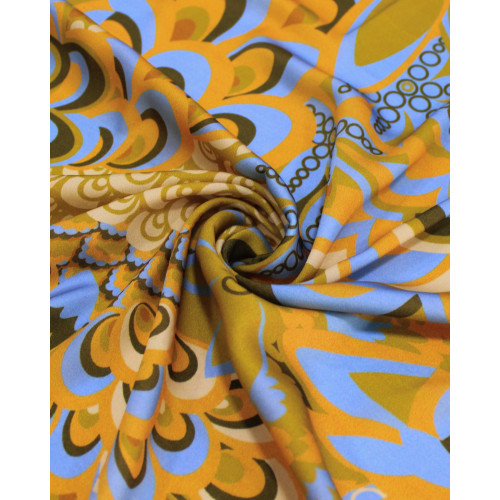 Tecido Crepe Silk Italiano Estampa Floral Absrtata Creme, Azul e Amarelo Mostarda