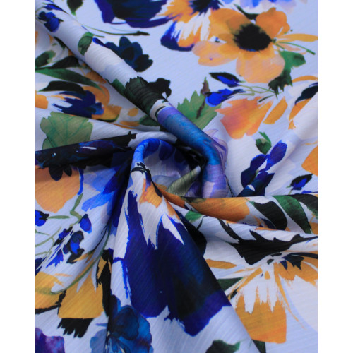 Tecido Crepe Chiffon Texturizado Italiano Tapete Floral Colorido e Tons de Azul